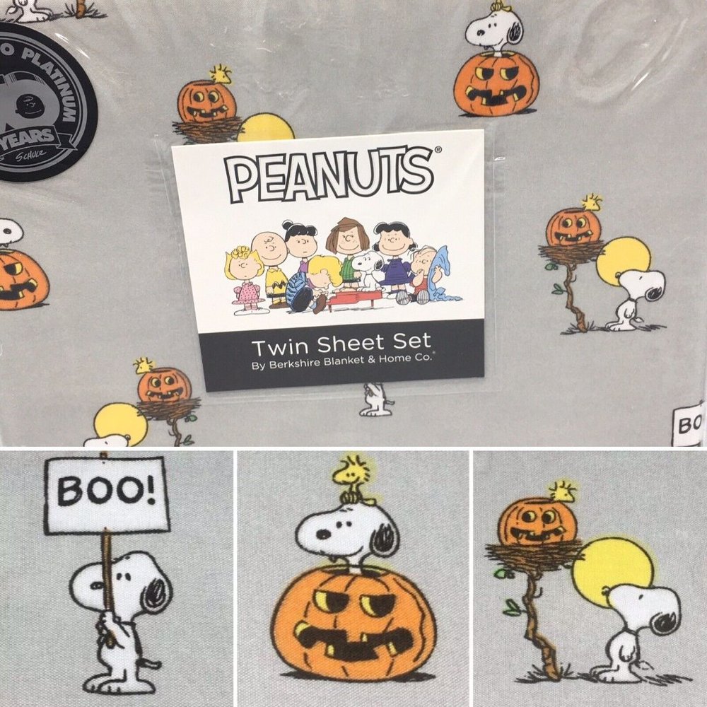 3pc Berkshire Peanuts Halloween TWIN Sheet Set Snoopy Woodstock Pumpkin Boo NEW